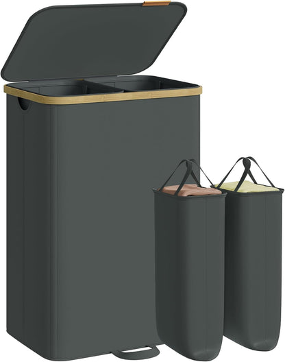 SONGMICS Laundry Hamper, Laundry Sorter with Lid, Storage Basket Bin, Removable Liners, Bamboo Frame, for Bedroom, 3 Sections, 44.9 Gal. (170 L), Ink Black ULCB533BH01