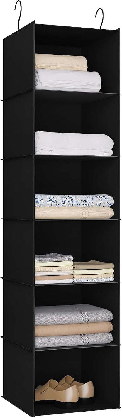 Hanging Closet Organizer 3-Shelf, Oxford Fabric Wardrobe Storage, Gray | Easy-mount foldable design holds clothes, handbags, shoes & accessories; washable Oxford fabric, sturdy and space-saving.