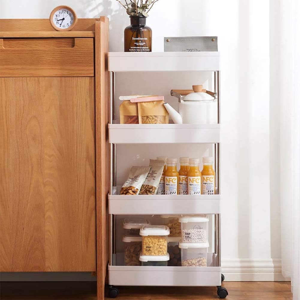 Modern Home 4-Tier Rolling Storage Cart with Bins – Slim Organizer for Bathroom, Kitchen, Laundry & Pantry – Mobile Utility Shelves with Wheels