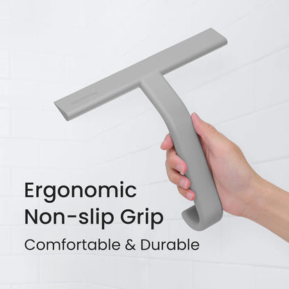dancemoon JustHang Shower Squeegee for Glass Doors, All-in-One Award-Winning Silicone Squeegee with Built-in Hook for Bathroom, Window, Mirror, Tile Wall, Car, Streak-Free Cleaner Tool, 10-Inch Black