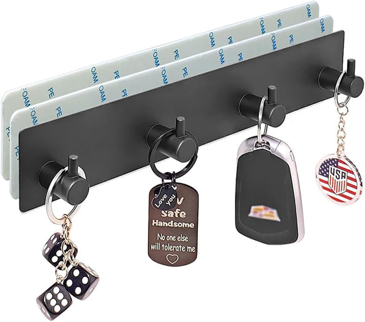 StrugDeas Key Holder for Wall with 2 Self-Adhesive Tapes， Key Hanger Organizer for Wall with 4 Hooks，Metal Key Rack for Door, Entryway, Kitchen Bathroom(Black)