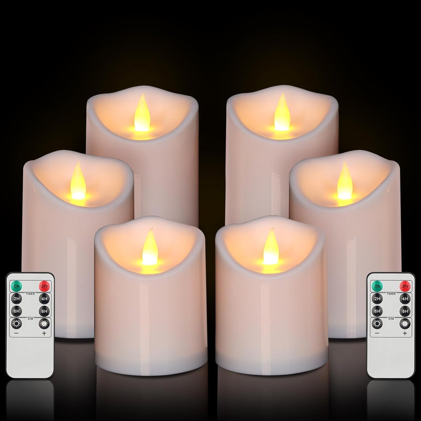 Outdoor Indoor Flameless Candles, Patented 3D Dual-LED, Set of 6 Slanted Top Durable Plastic Pillars with 2 Remotes & Timer, Non-Melting Waterproof Battery Candles for Patio Garden (Ivory)
