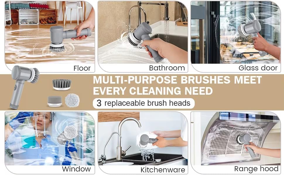 Electric Spin Scrubber, Cordless Bathroom Cleaning Brush IPX6 Waterproof with 6 Replaceable Heads, Power Scrubber for Bathtub, Tiles, Car Wash, Kitchen & Multi-Surface Home Cleaning