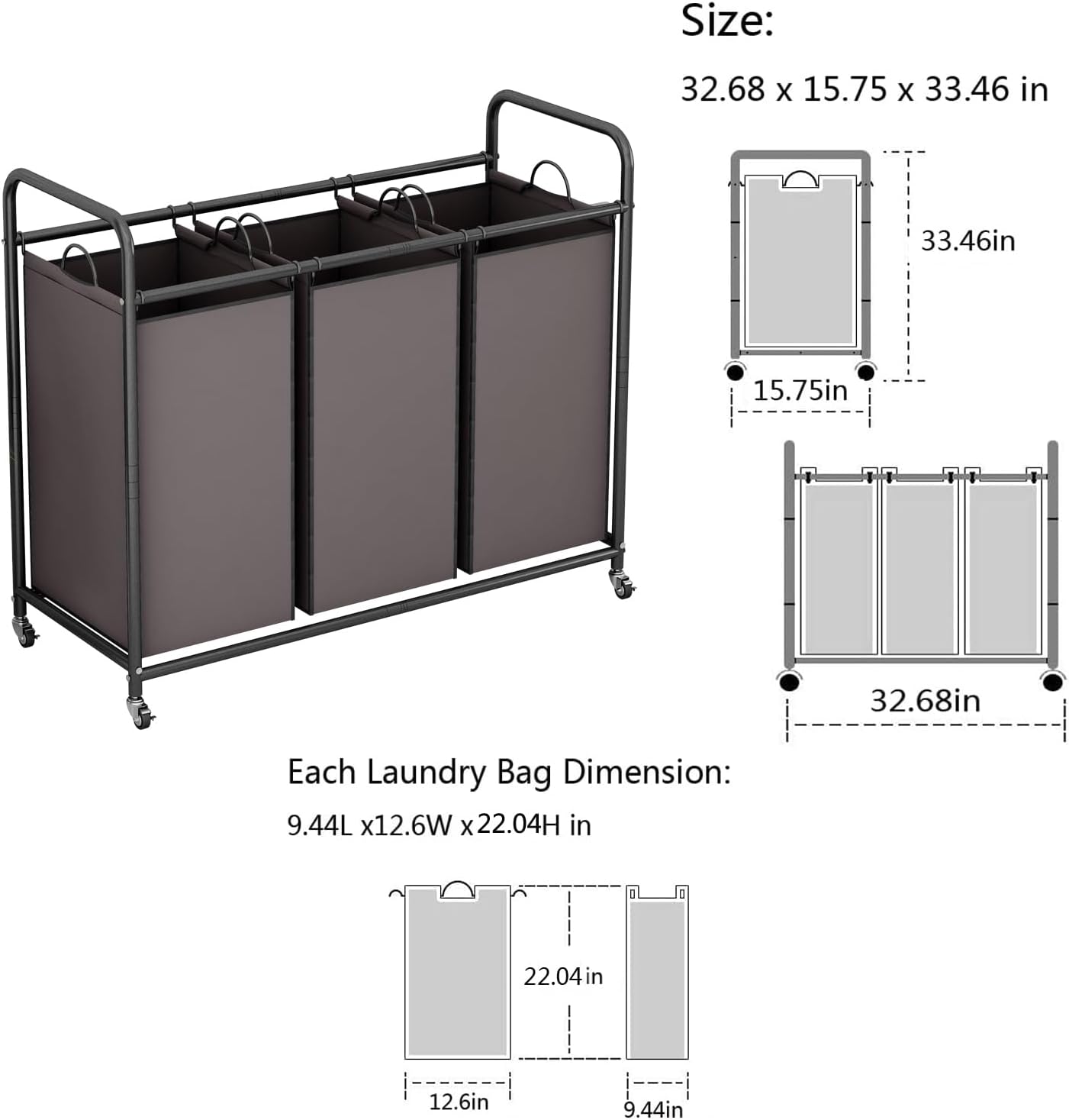 LINZINAR 3-Bag Laundry Hamper, Black Laundry Basket, 35.6 Gal(135 L) Laundry Sorter Cart Laundry Room Organization with Heavy Duty Rolling Lockable Wheels and Removable Bags