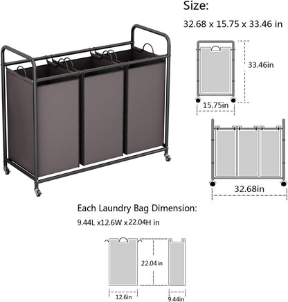 LINZINAR 3-Bag Laundry Hamper, Black Laundry Basket, 35.6 Gal(135 L) Laundry Sorter Cart Laundry Room Organization with Heavy Duty Rolling Lockable Wheels and Removable Bags