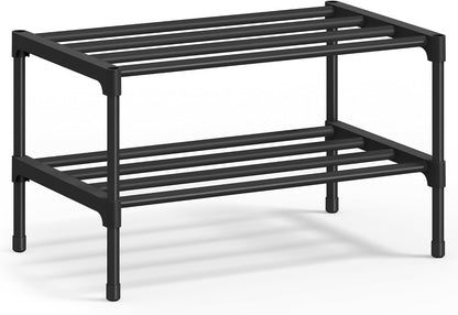SONGMICS 2-Tier Shoe Rack for Closet, Compact Metal Shoe Organizer Shelf for Entryway, Bedroom, Small Spaces, Stackable, 11.8 x 24.5 x 12.2 Inches, Black ULSA122BH01