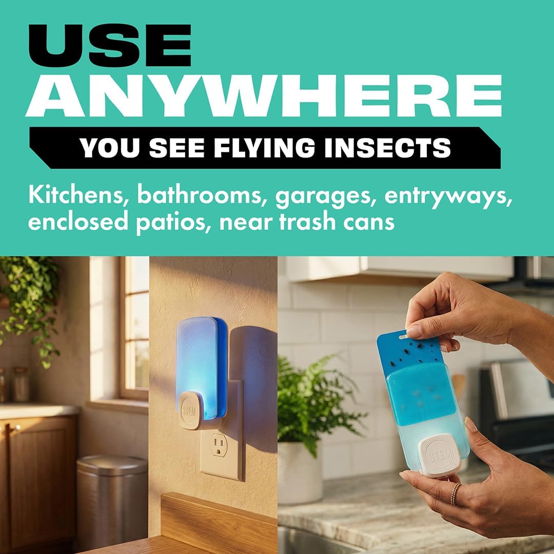 STEM Insect Trap - Indoor Fruit Fly & Gnat Pest Control for House, Home and Kitchen, Attracts & Traps Flying Bugs, Soft Blue Light - Includes 1 Plug-in Device & 3 Cartridges