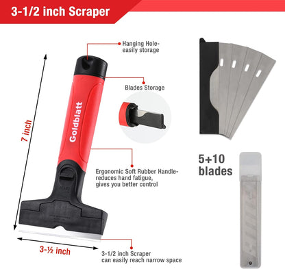 Goldblatt 2 Pieces Glass Scraper Set with 20-piece Blades - 4 Inch Industrial Floor Scraper Tool with Long-Handle, Heavy Duty Razor Holder for Cleaning Caulk, Paint, Glue on Glass, Tiles, Walls