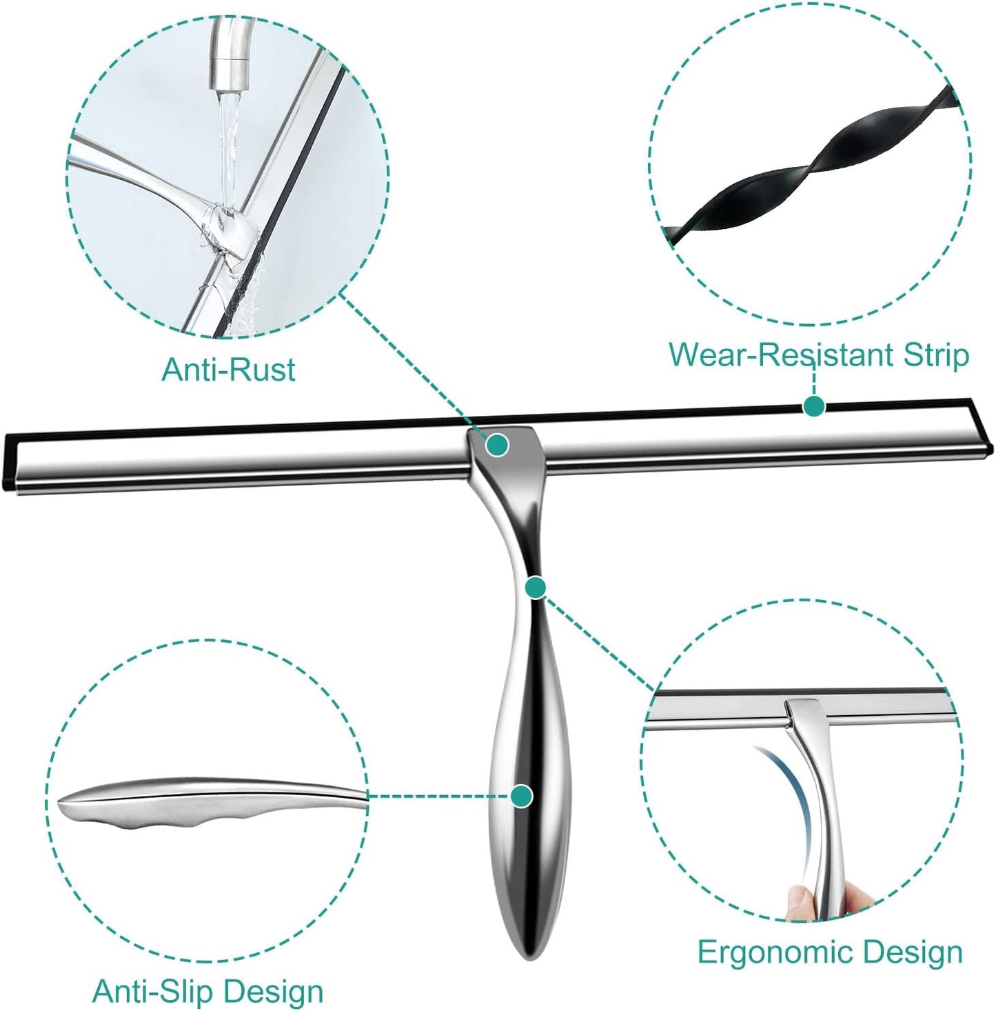 Shower Squeegee for Glass Doors,14-Inch Shower Glass Squeegee, Sliver Shower Squeegee for Shower Doors,Mirror,Windows, with Shower Door Hook and Adhesive Hook