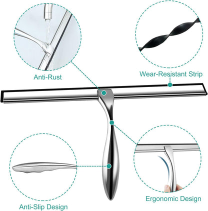 Shower Squeegee for Glass Doors,14-Inch Shower Glass Squeegee, Sliver Shower Squeegee for Shower Doors,Mirror,Windows, with Shower Door Hook and Adhesive Hook