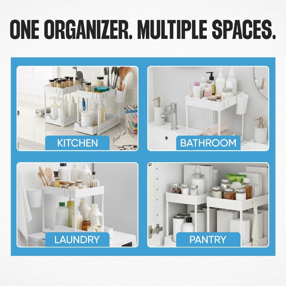Undersink Organizer, 2-Tier Under Sink Storage Rack with Sliding Drawers for Kitchen Bathroom Cabinets, Pull Out Organizer for Pantry, Laundry Room & Closet Organization - 1 Pack, Black