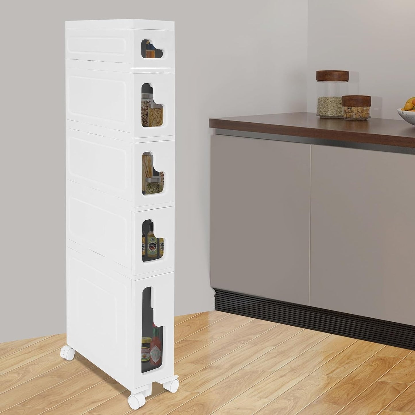 2 Tier Slim Bathroom Storage Cabinet with Movable WheelsSmall Bathroom Storage Cabinet Narrow Bathroom Storage Cabinet for Small Space, Bathroom, Kitchen, Laundry, White (15.7×6.3×22in)