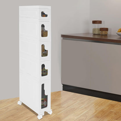 2 Tier Slim Bathroom Storage Cabinet with Movable WheelsSmall Bathroom Storage Cabinet Narrow Bathroom Storage Cabinet for Small Space, Bathroom, Kitchen, Laundry, White (15.7×6.3×22in)