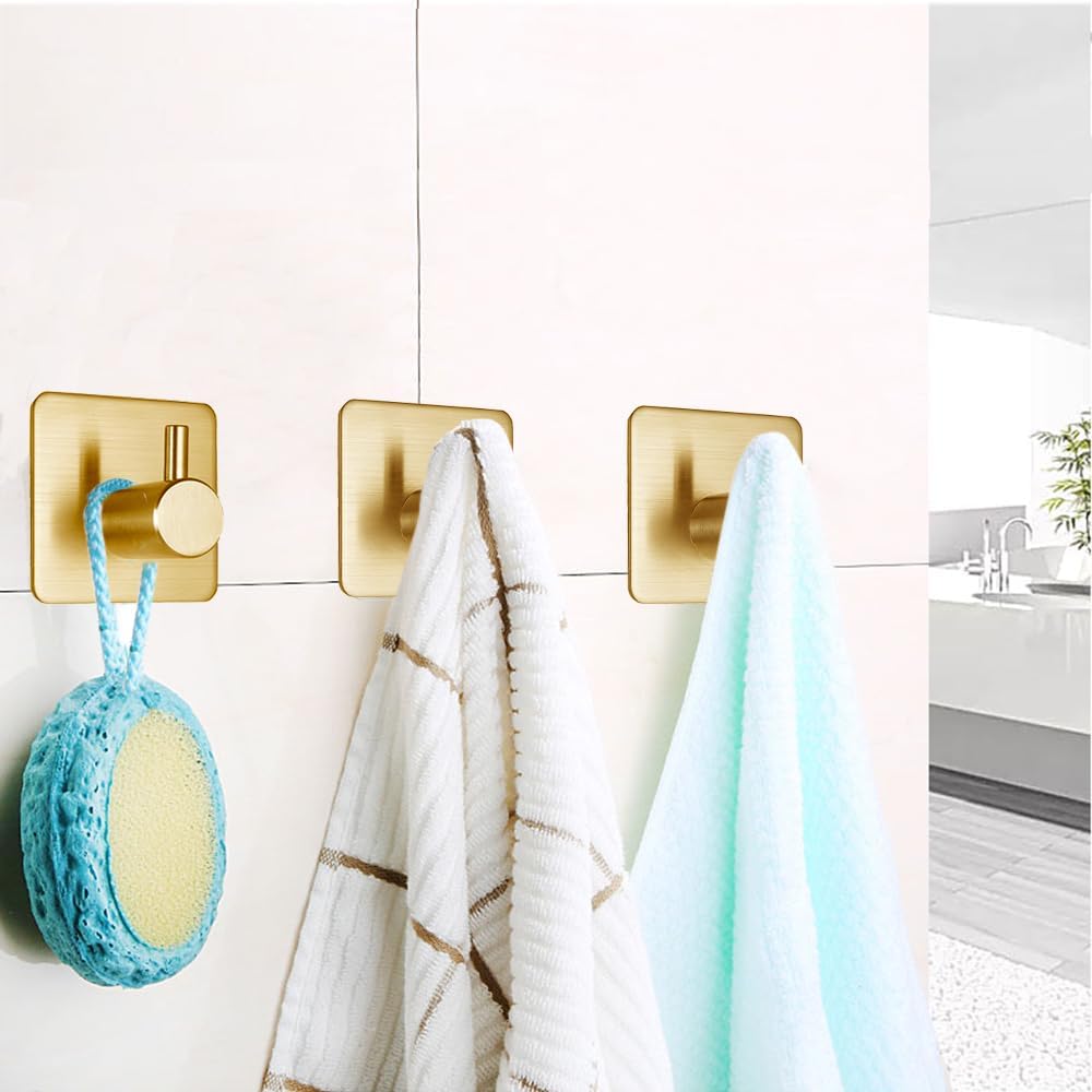 Fotosnow Adhesive Towel Hooks 15lbs Heavy Duty Wall Hooks Waterproof Stainless Steel Hanger for Hanging Coat, Hat, Towel Robe Hook Rack Wall Mount- Bathroom and Bedroom 4-Packs