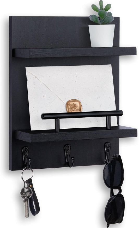 Key Holder Wall Mount, Mail Shelf Decor with 3 Key Hooks, Versatile Wood Wall Organizer for Entryway Hallway (8.2” x 10.6”x 3.6”) (White)