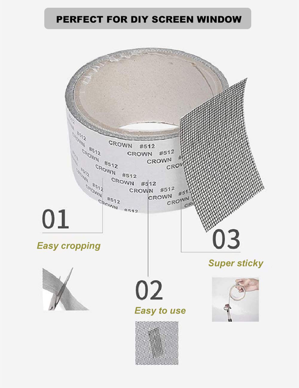 ACEBON Window Screen Repair Tape, 2"x80" - Strong Adhesive Mesh Patch Kit for Window Door Tears & Holes (Grey)