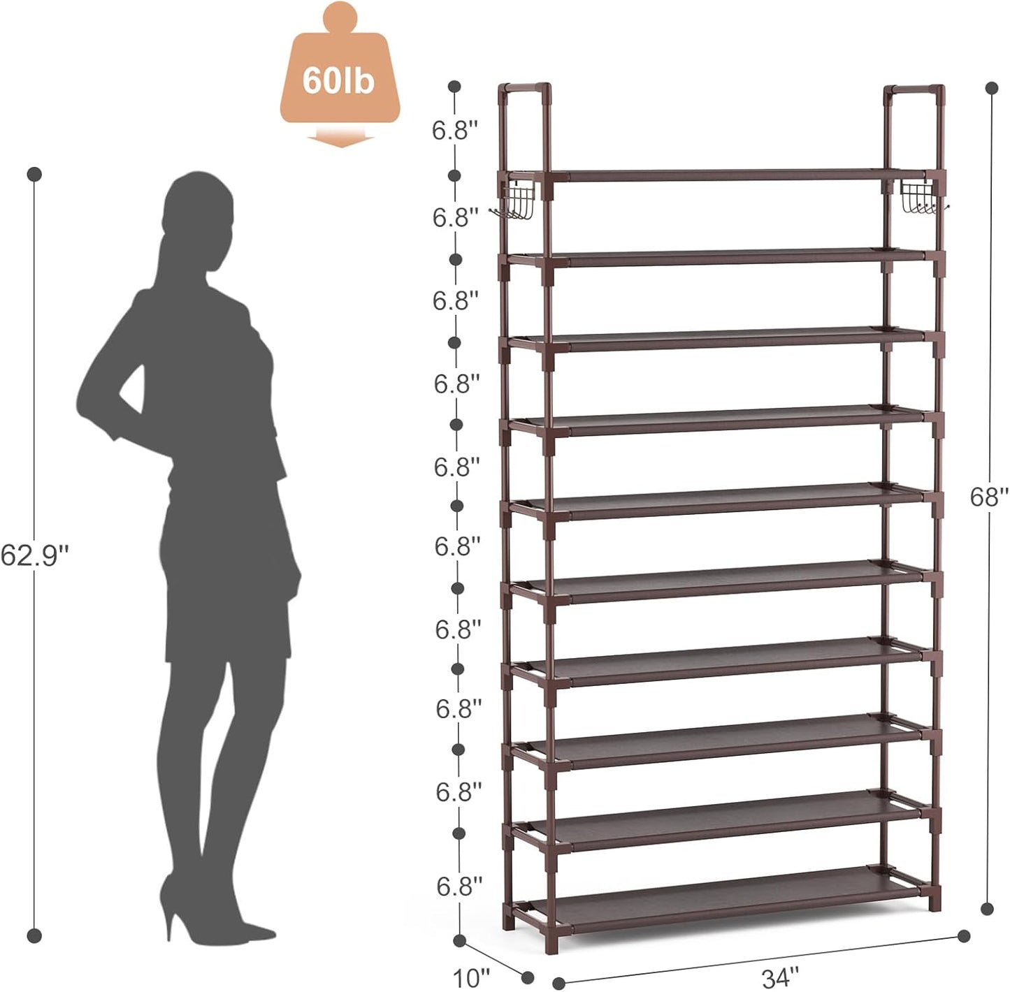 VTRIN 10 Tiers Tall Shoe Rack Holds 20-25 Pairs of Shoes Sturdy Vertical Shoe Organizer with 18pcs Hooks Stackable Narrow Shoe Rack for Closet, Entryway Black