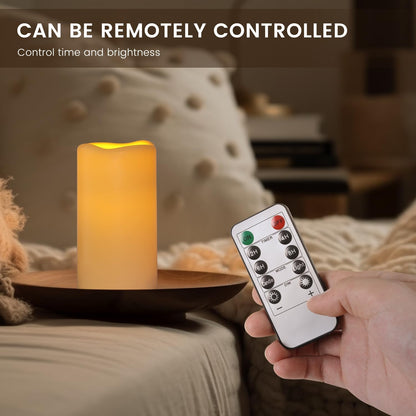 Flameless Flickering Battery Operated Candles D2.2''*H4 5" 6" 7" 8" 9" Set of 9 Ivory Real Wax Pillar LED Candles with 10-Key Remote and Cycling 24 Hours Timer (Ivory)