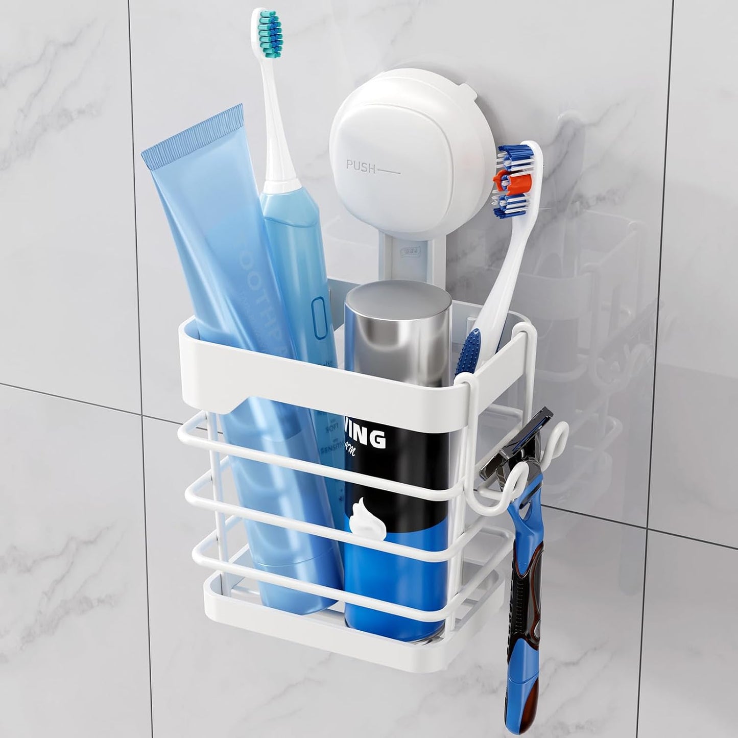 TAILI Upgraded Bathroom Mirror Suction Cup Toothbrush Holder with Razor Hook, Visible Safety Indicator, Large Capacity Inverted Trapezoid Design, Removable Shower Caddy for Toothbrush, Toothpaste, etc