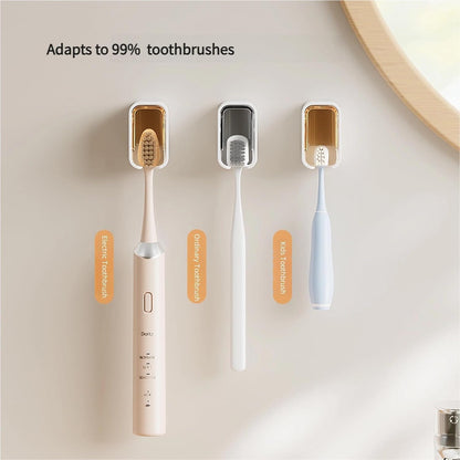 Wall-Mounted Toothbrush Holder with Toothpaste Squeezer, 4-Pack | Strong Self-Adhesive, With Cover, Family Toothbrush Head Organizer, Includes Toothpaste Squeezer