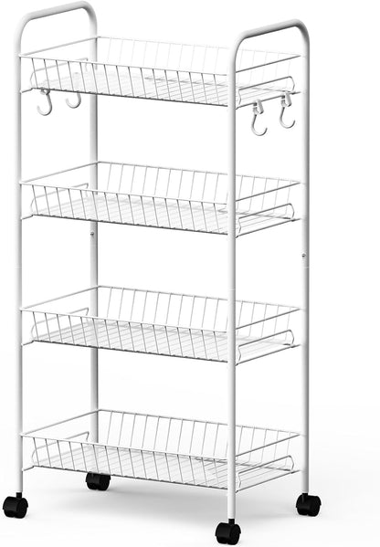 Mythinglogic 4 Tier Rolling Cart with 360° Wheels, Snack Cart, Removable Wire Baskets, Metal Utility Storage Rack for Kitchen, Bathroom, Laundry Room, Office