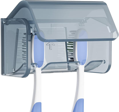 Linkidea Lightweight Toothbrush Holder Wall Mounted with Dustproof Cover, 2 Slots Self Adhesive Organizer for RV, Camper, Shower, Bathroom (Grey)