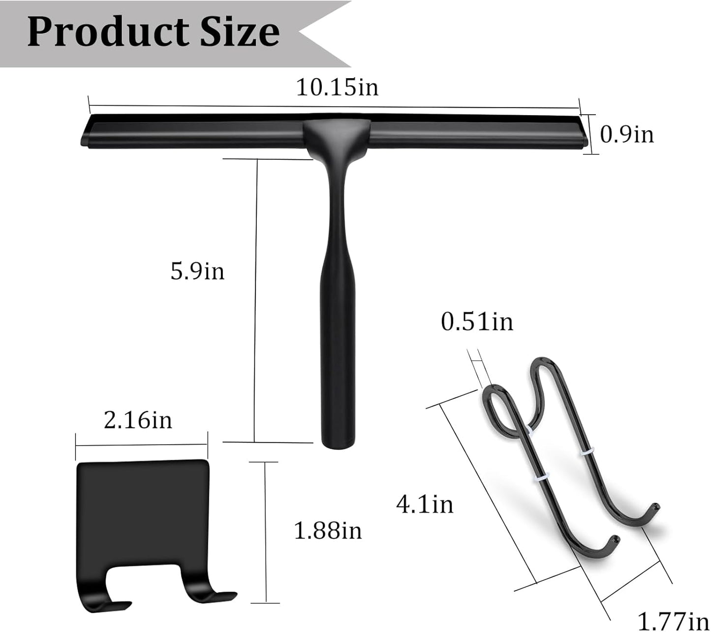10" Stainless Steel Shower Squeegee for Shower Glass with Adhesive Hook for Cleaning Bathroom Glass Doors Car Window Mirrors and Tile Wall (Matte Black + Hook)