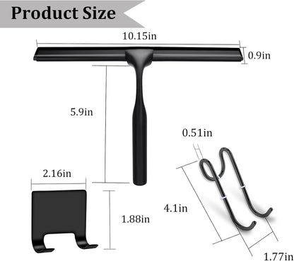 10" Stainless Steel Shower Squeegee for Shower Glass with Adhesive Hook for Cleaning Bathroom Glass Doors Car Window Mirrors and Tile Wall (Matte Black + Hook)