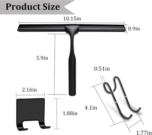 10" Stainless Steel Shower Squeegee for Shower Glass with Adhesive Hook for Cleaning Bathroom Glass Doors Car Window Mirrors and Tile Wall (Matte Black + Hook)