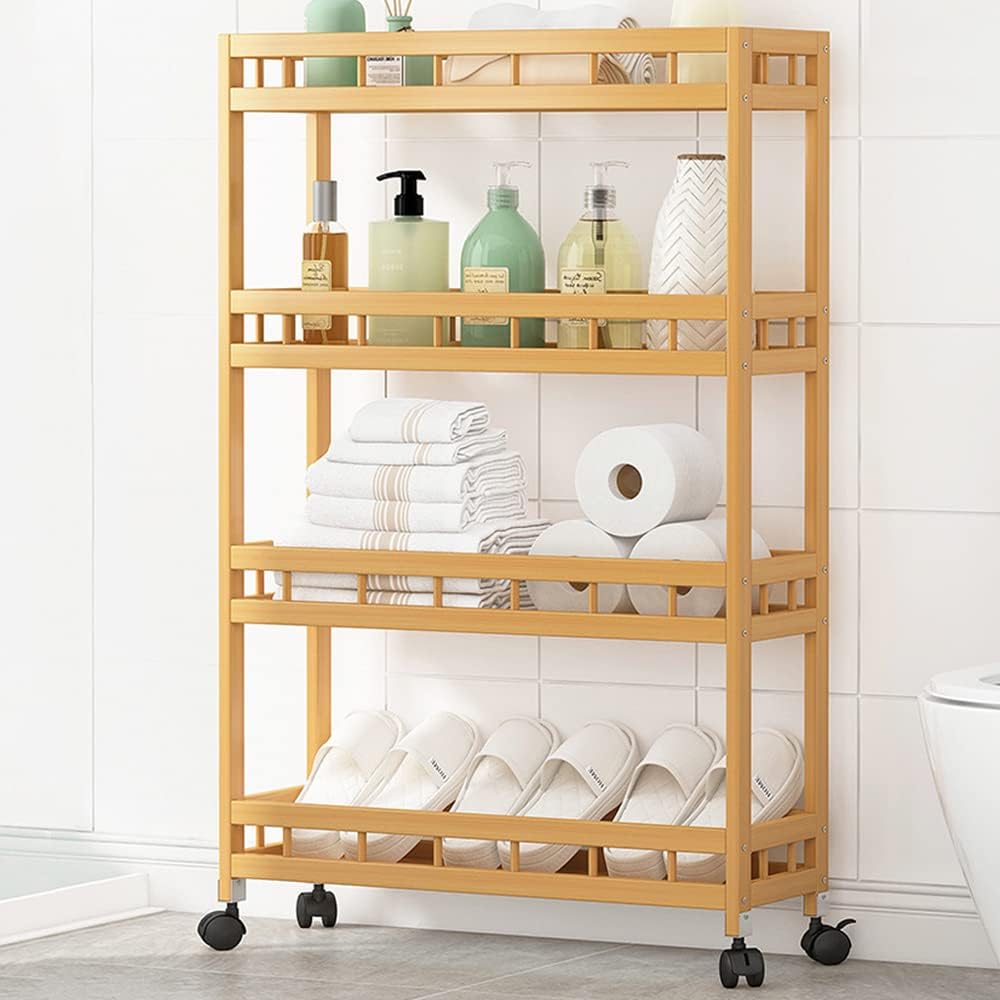4-Tier Bamboo Kitchen Rolling Cart Removable Wood Trolley Island Cart, Utility Cart Multi-Layer Storage Shelf Rack on Wheels (19.7" L X 7.1" W X37.8 H)