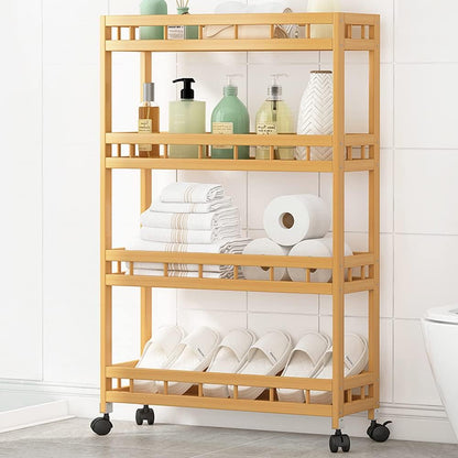 4-Tier Bamboo Kitchen Rolling Cart Removable Wood Trolley Island Cart, Utility Cart Multi-Layer Storage Shelf Rack on Wheels (19.7" L X 7.1" W X37.8 H)