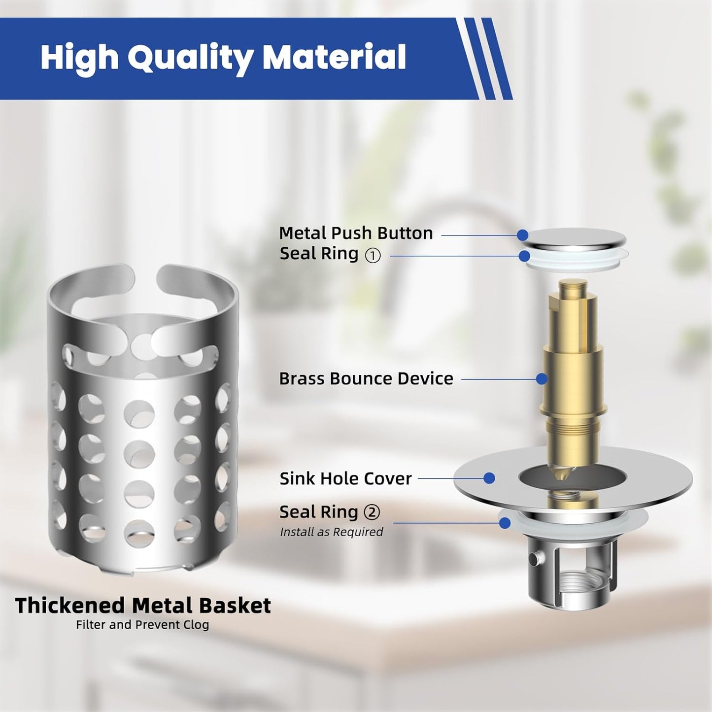 Universal Bathroom Sink Drain Strainer Hair Catcher, Brushed Nickel | Upgraded with Removable Stainless Steel Filter Basket, 3 in 1 Pop Up Sink Stopper for 1.1''~2.36'' Sink Basin Hole
