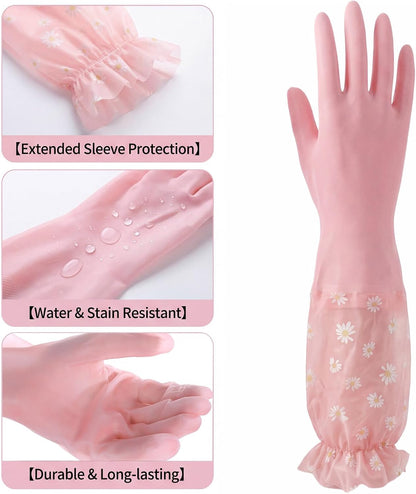 Pink Reusable Dishwashing Gloves, Dishwashing Cleaning Gloves, Waterproof Long Cuff Non-Slip Household Gloves for Laundry, Cleaning, Working, Gardening