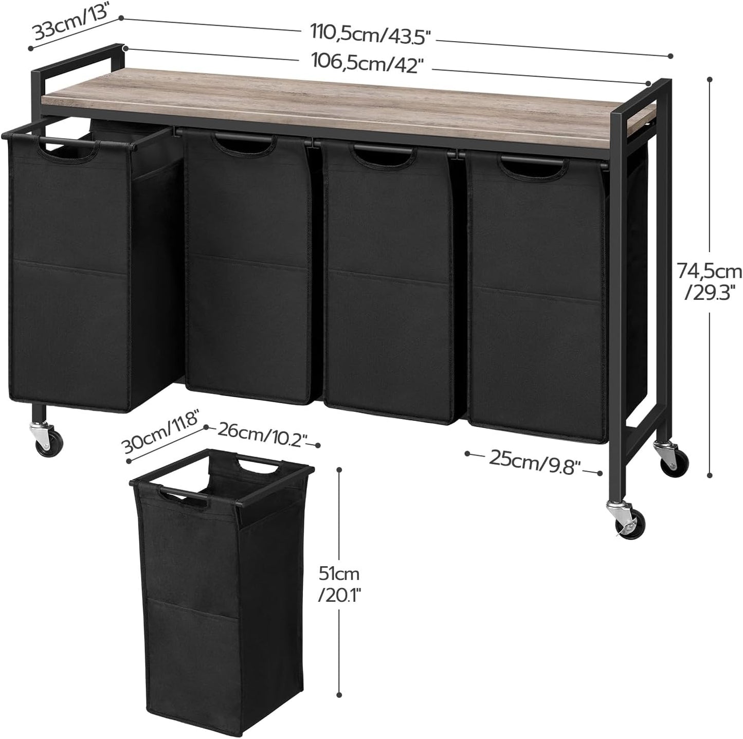 HOOBRO Laundry Sorter 4 Sections, Laundry Hamper with Wheels, 4 × 10.5 Gal (40 L), Rolling Laundry Basket, Pull-Out and Removable Oxford Fabric Bags, Rustic Brown and Black BF04XY01