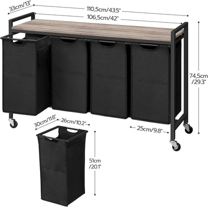HOOBRO Laundry Sorter 4 Sections, Laundry Hamper with Wheels, 4 × 10.5 Gal (40 L), Rolling Laundry Basket, Pull-Out and Removable Oxford Fabric Bags, Rustic Brown and Black BF04XY01