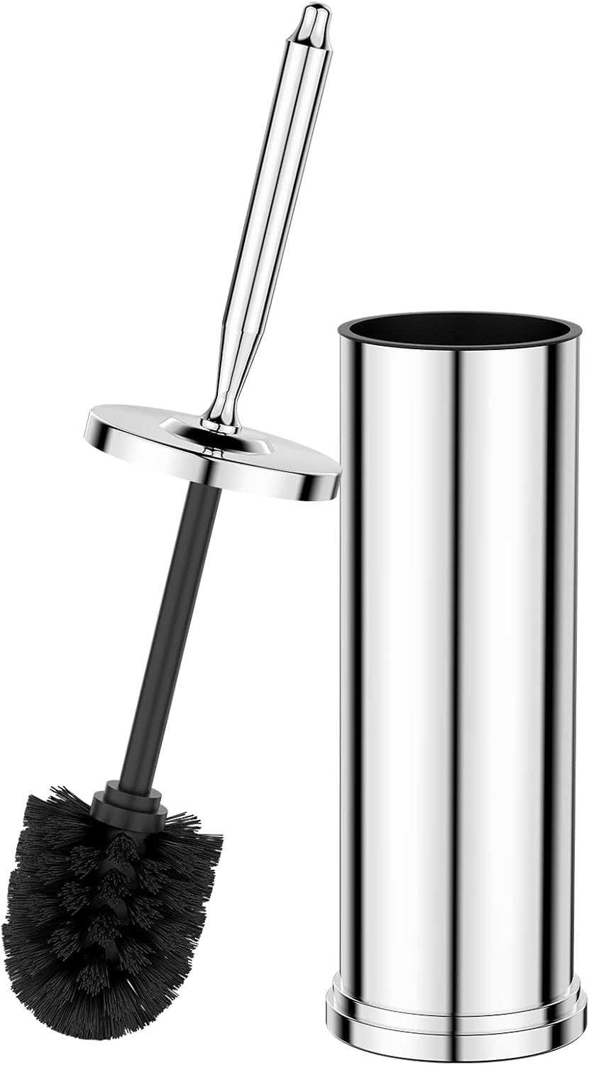 Stainless Steel Toilet Brush and Holder Set : Weighted Stable Base, Removable Inner Tube.Long Handle Toilet Bowl Brush Splash-Proof Design for Deep Cleaning & Space-Saving Storage,Nickel