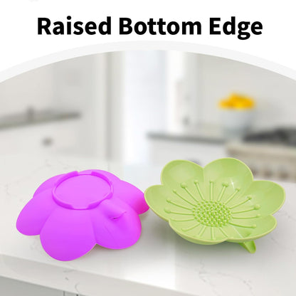 Soap Dishes 2 Pack Self Draining XL Flexible Bar Holder for Shower Steamer, Silicone Flower Soap Saver Tray for Counter Bathtub Sink Bathroom Decor with Drainage -Mirror Surface Easy Clean, Grey/Blue
