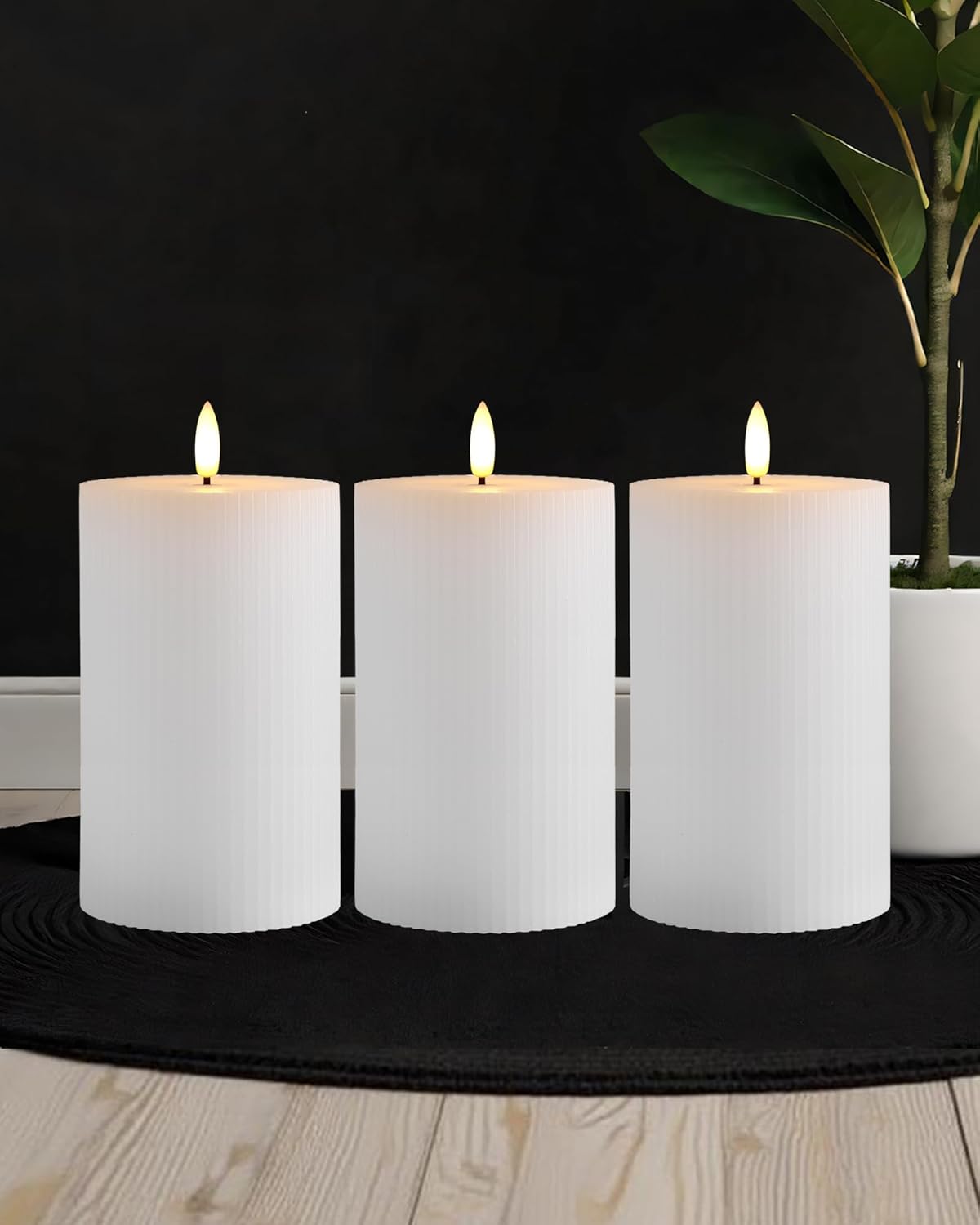 Gmnee 3"x4" White Ribbed Flameless Candles - Remote Control & Timer, Set of 3 Large Real Wax Pillar Flickering Battery LED Candles for Table, Fireplace and Mantel Decor
