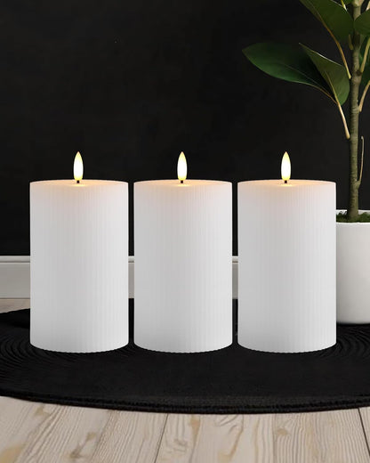 Gmnee 3"x4" White Ribbed Flameless Candles - Remote Control & Timer, Set of 3 Large Real Wax Pillar Flickering Battery LED Candles for Table, Fireplace and Mantel Decor