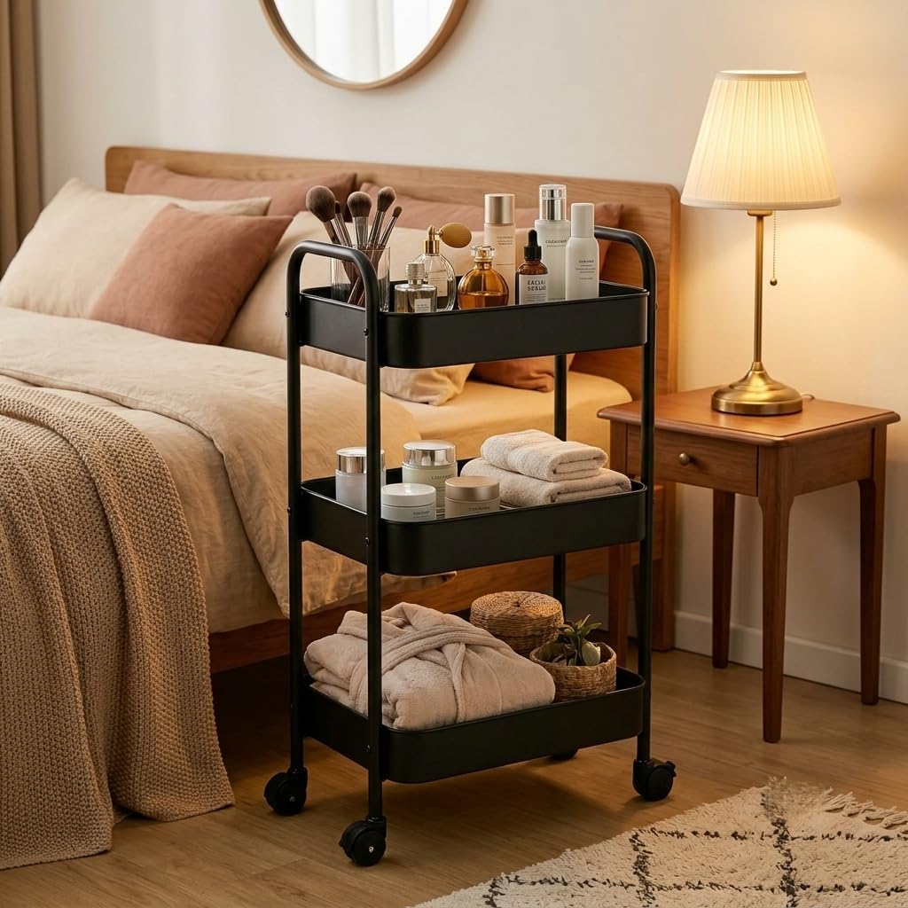 3-Tier Metal Rolling Cart with Smooth Casters, Lightweight Storage Utility Cart Mobile Organizer Rack, Multi-Purpose Basket Shelf for Kitchen, Bathroom, Closet, Pantry-Black
