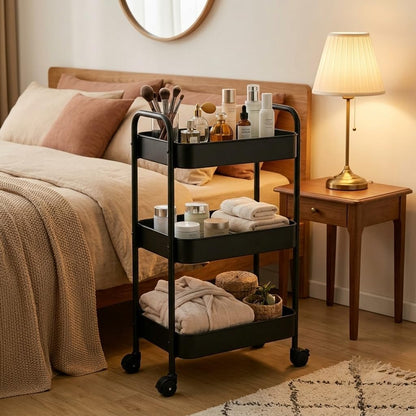3-Tier Metal Rolling Cart with Smooth Casters, Lightweight Storage Utility Cart Mobile Organizer Rack, Multi-Purpose Basket Shelf for Kitchen, Bathroom, Closet, Pantry-Black