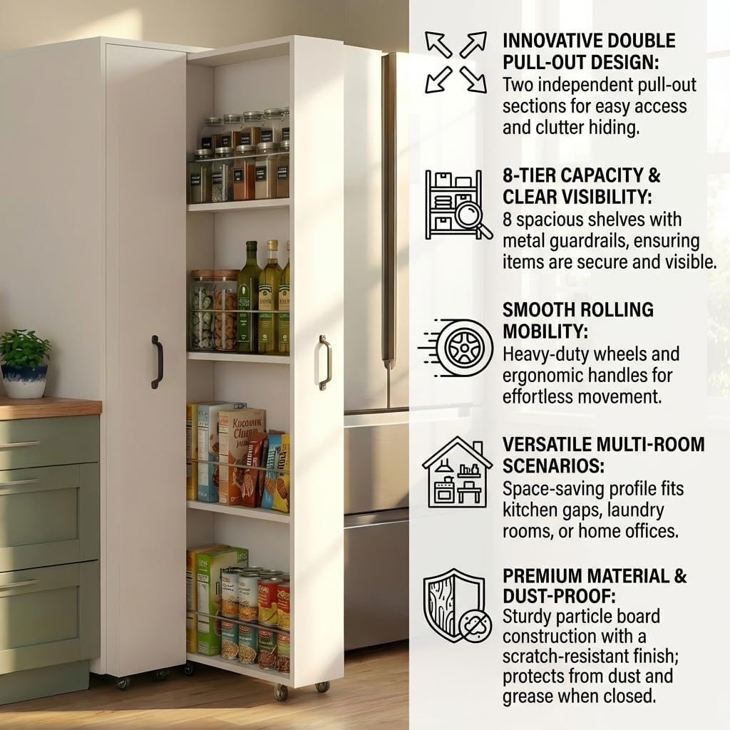 Slim Rolling Storage Cart, 6-Tier Pull-Out Spice Rack with Handle & Wheels, Narrow Kitchen Organizer for Next to Fridge, Pantry, Laundry Room,11.8 Inch Wide Space Saver（Black, With Side Panel)