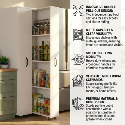 Slim Rolling Storage Cart, 6-Tier Pull-Out Spice Rack with Handle & Wheels, Narrow Kitchen Organizer for Next to Fridge, Pantry, Laundry Room,11.8 Inch Wide Space Saver（Black, With Side Panel)