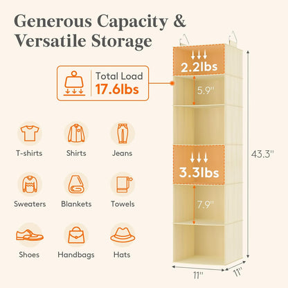 Lifewit 5 Tier Hanging Closet Organizer and Storage for Shelves, Foldable Clothes Shelf with 2 Sturdy Hooks, Sweater/Coat/Shoes Clothing Organization for Wardrobe, Dorm, Bedroom, Gray