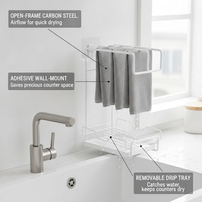 7.9 x 4.3 x 10.6 Inch Carbon Steel Dish Cloth Rack with Removable Drip Tray, Wall Mounted Sponge Organizer for Kitchen Sink