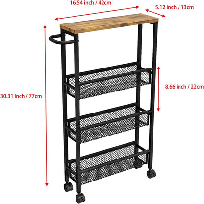 AZERPIAN Slim Rolling Cart 4 Tier Narrow Storage Cart on Wheels with MDF Board Top and Metal Handle for Small Space Kitchen Living Room Home Office Pantry Bathroom Laundry Room(16.54×5.12×30.31 inch)