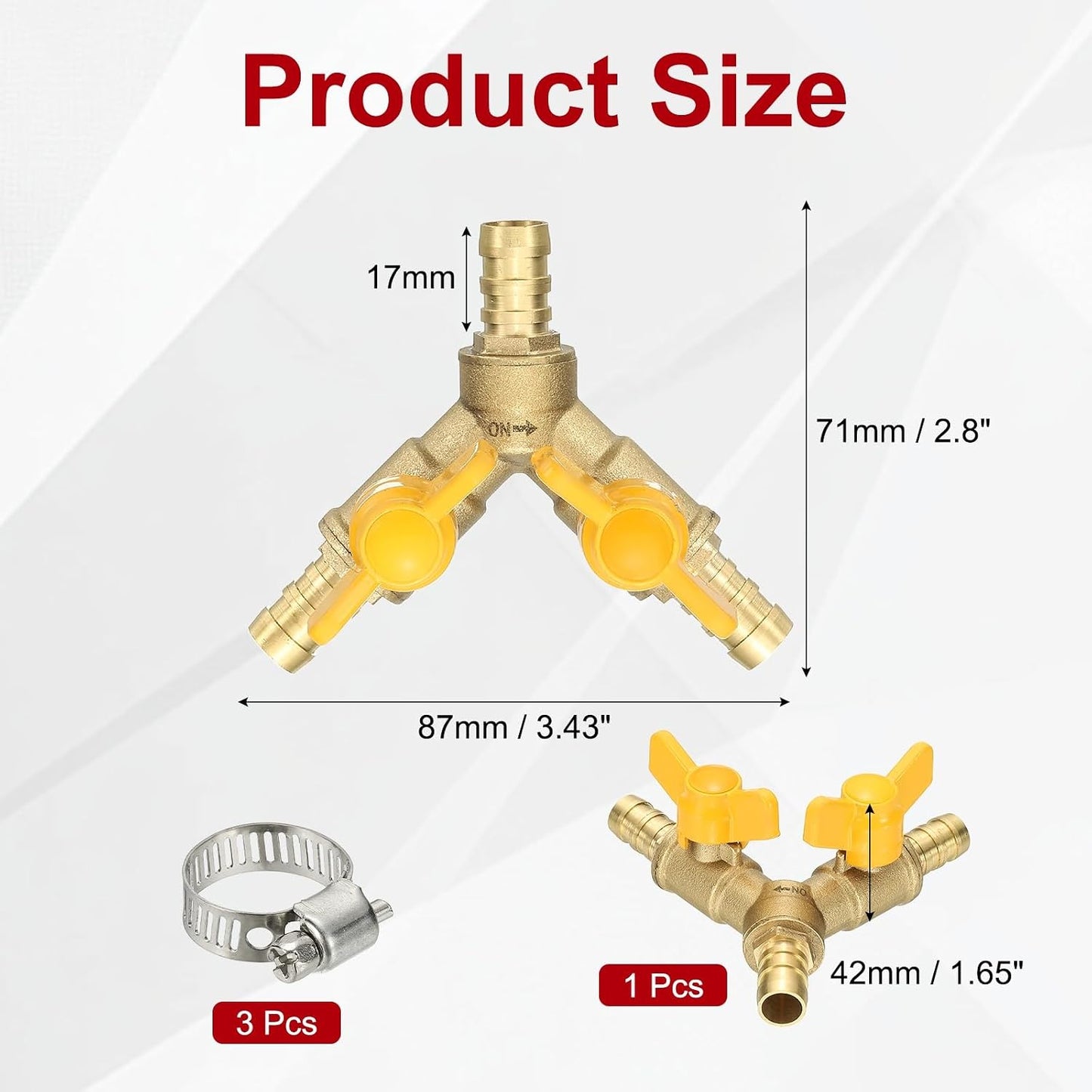 PATIKIL 3 Way Shut Off Ball Valve, 1/4" Y Shaped 3 Way Brass Garden Hose Barb Splitter Line Sprayer Parts Coolant Hose Valve Fitting with 2 Red Switch for Gas Fuel Oxygen, 1 Set