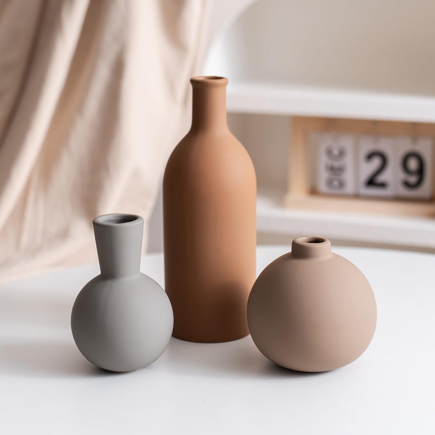 Ceramic Vase Set of 3, Modern Minimalist Neutral Home Decor, Boho Rustic Farmhouse Decorative Vases for Pampas Grass Dried Flowers | Table Centerpiece Entryway Mantel Bookshelf(Black Mix Set - Gray#1)