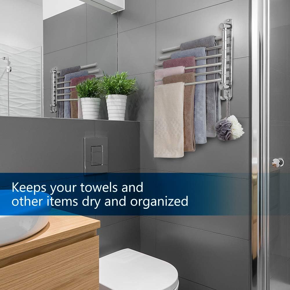 Towel Rack Wall Mounted JSVER Bathroom Towel Rack, Space Saving Towel Holder, 13.4 Inches Swivel SUS304 Stainless Steel Towel Bar, 180° Rotation 6 Arms Towel Racks for Bathroom