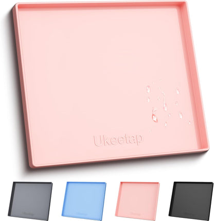 ukeetap Extra Thick Silicone Mat Waterproof with Raised Edge 19” x 12”, BPA Free Non-Slip Dog & Cat Food Mat, Feeding Mat for Food and Water Bowls, Spill Proof Mat to Protect Floors, Black